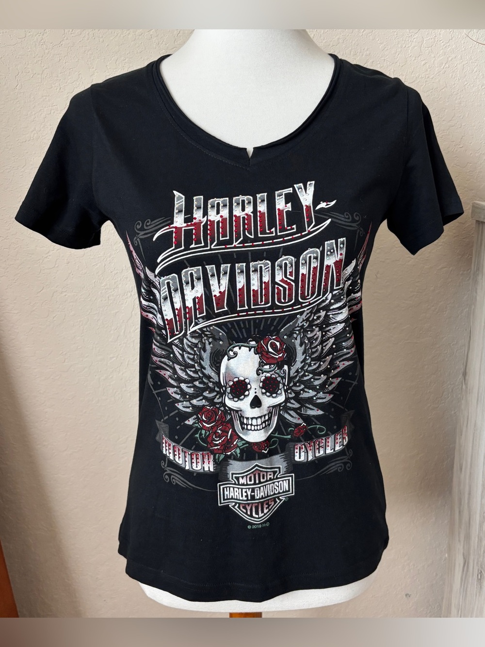 Harley-Davidson Womens Black Rhinestone Short Sleeve Skull Graphic T-Shirt S